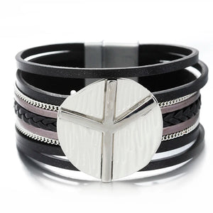 Peace Symbol Leather Bracelets Multilayer Wide Charm Jewelry