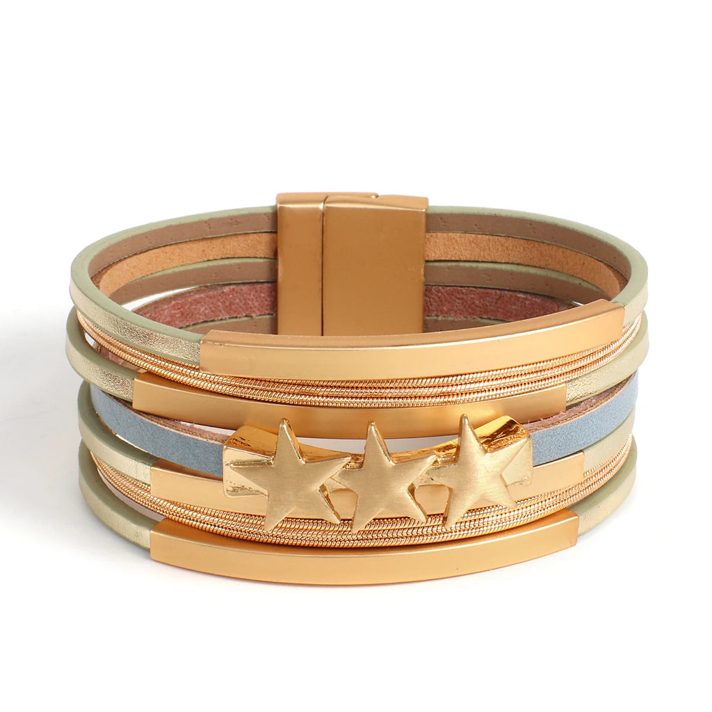 Punk Star Pentagram Bracelet Metal Tube Snake Chain Wrap Leather Jewelry
