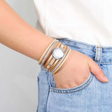 Vintage Round Leather Bracelet Rhinestone Chain Wrap Bracelet