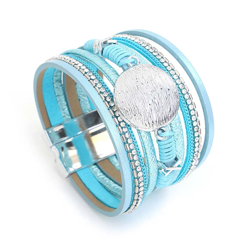 Vintage Round Leather Bracelet Rhinestone Chain Wrap Bracelet