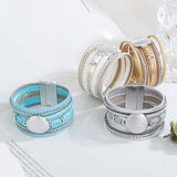 Vintage Round Leather Bracelet Rhinestone Chain Wrap Bracelet