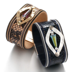 Bohemian Snake Skin Leather Bracelet with Crystal Beads