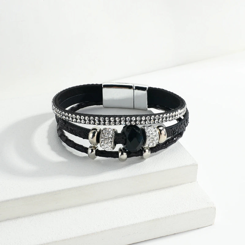 Crystal Beads Charm Leather Bracelets for Women Rhinestone Wrap Bracelet