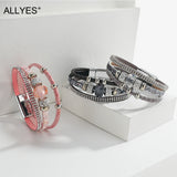 Crystal Beads Charm Leather Bracelets for Women Rhinestone Wrap Bracelet