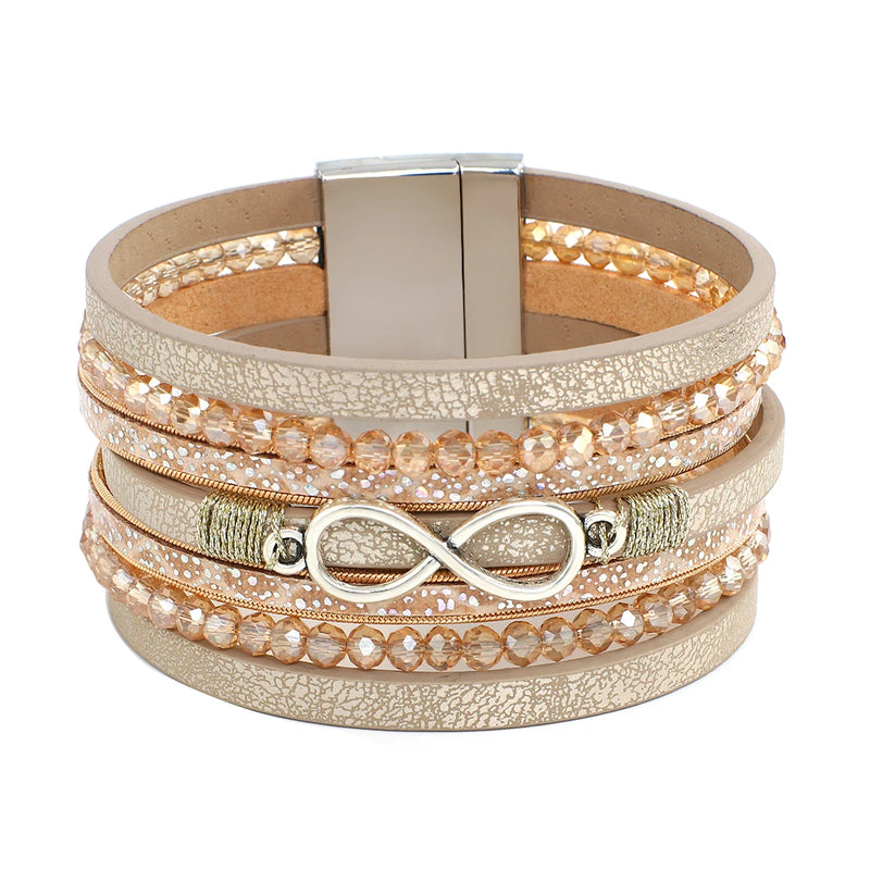 Multilayer Leather Bracelet with Crystal Chain Infinity Charm
