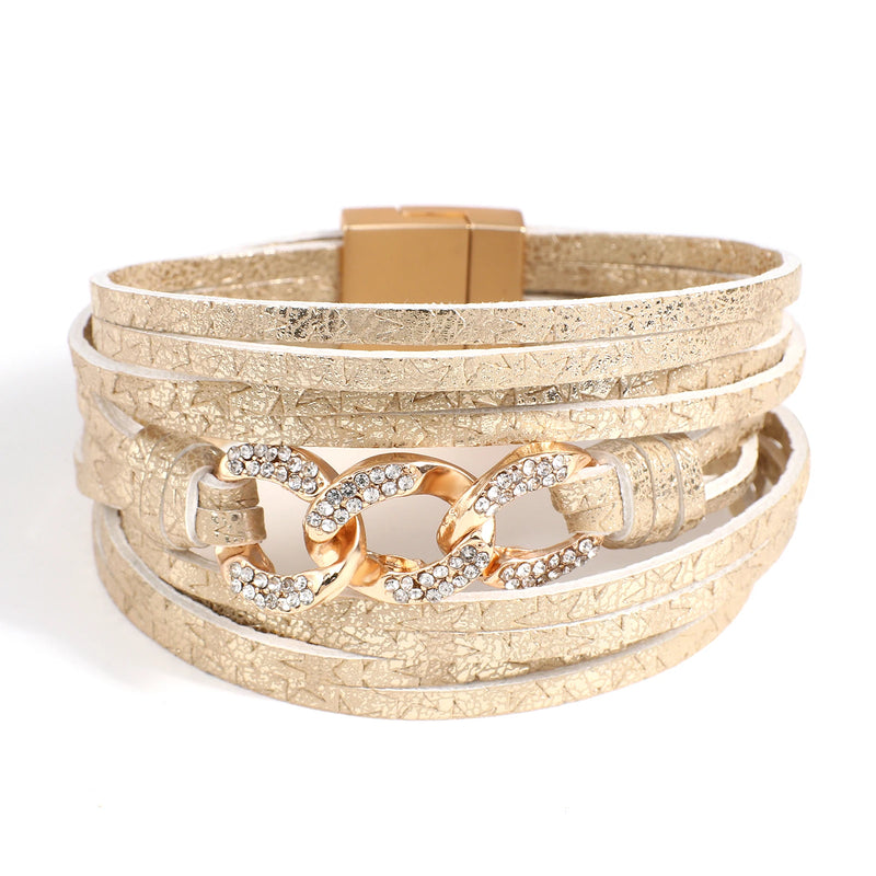 Rhinestone Cuban Chain Charm Leather Bracelet Wrap Bangle
