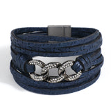 Rhinestone Cuban Chain Charm Leather Bracelet Wrap Bangle