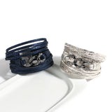 Rhinestone Cuban Chain Charm Leather Bracelet Wrap Bangle