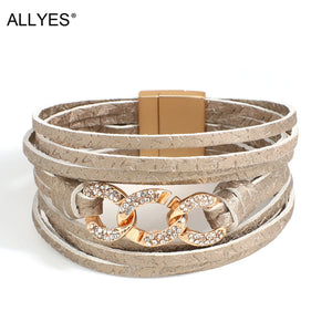 Rhinestone Cuban Chain Charm Leather Bracelet Wrap Bangle