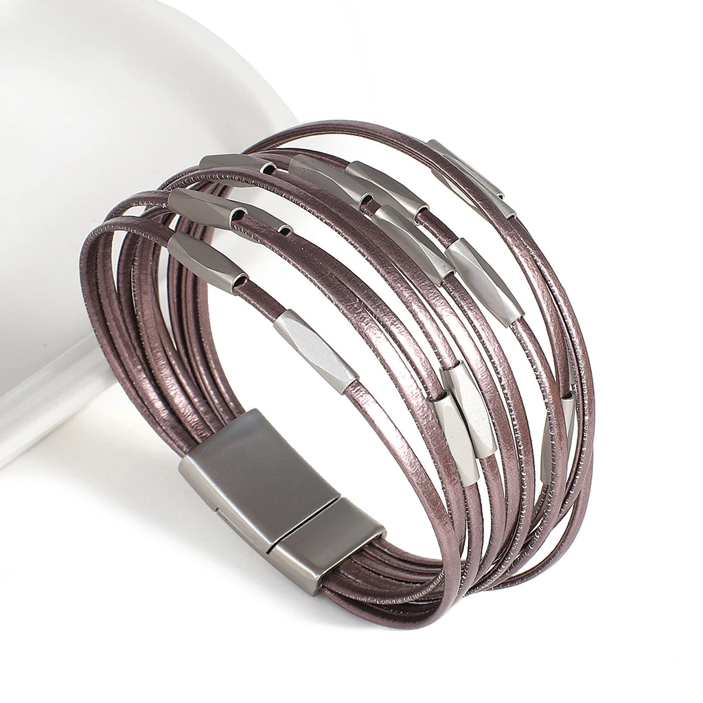Metal Charm Leather Bracelet Minimalist Multilayer Wrap Bangle
