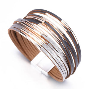 Boho Wrap Multilayer Wide Leather Bracelet with Metal Charm