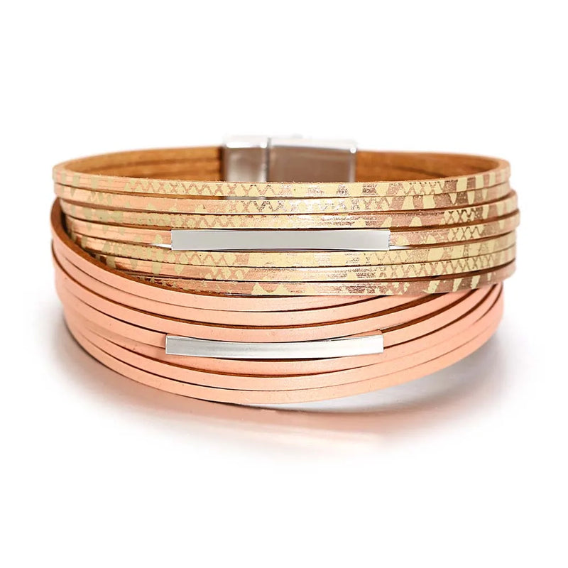 Boho Multilayer Leather Bracelet Ethnic Printing Metal Wrap Jewelry