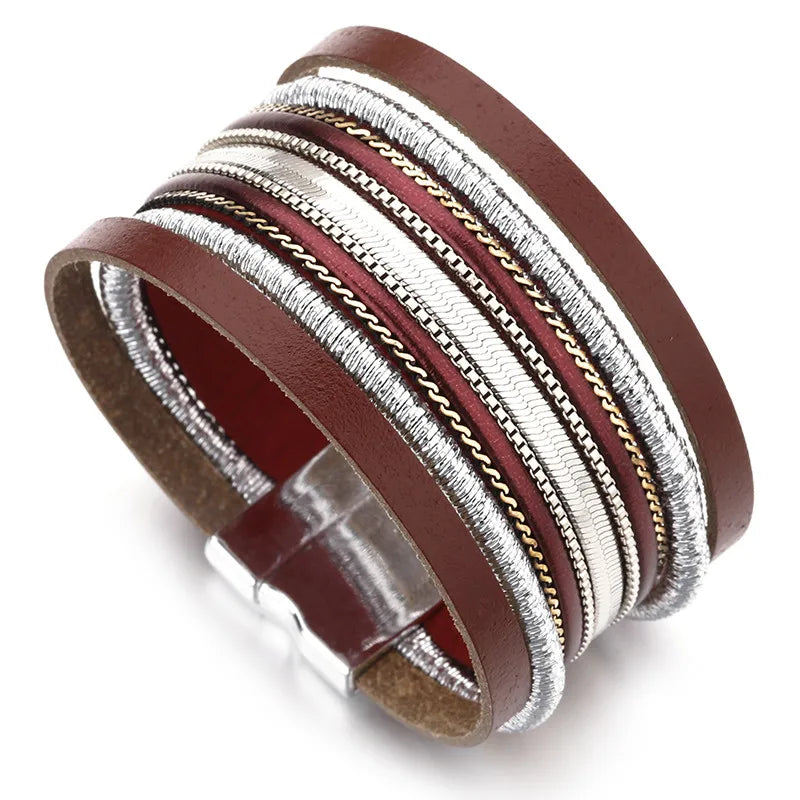 Vintage Leather Bracelet Bohemian Silver Metal Chain Wrap