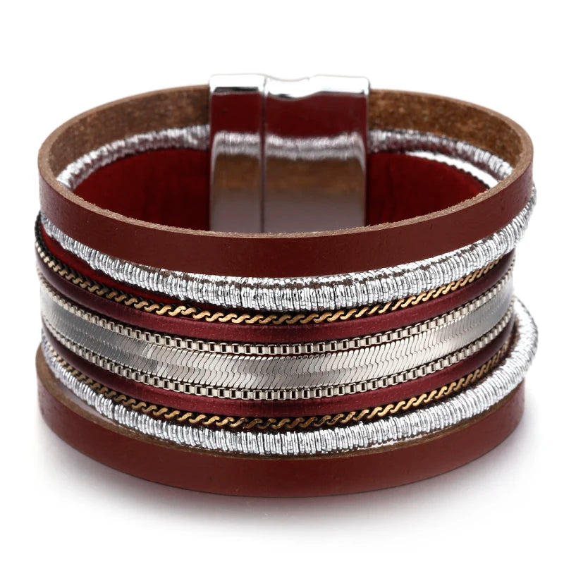 Vintage Leather Bracelet Bohemian Silver Metal Chain Wrap