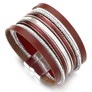 Vintage Leather Bracelet Bohemian Silver Metal Chain Wrap