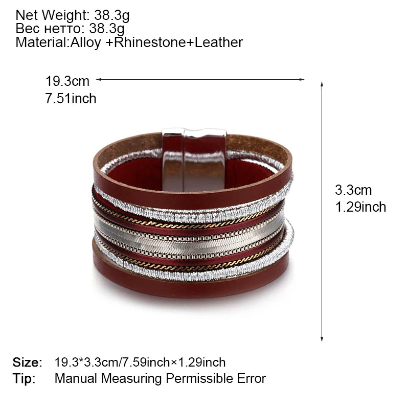 Vintage Leather Bracelet Bohemian Silver Metal Chain Wrap