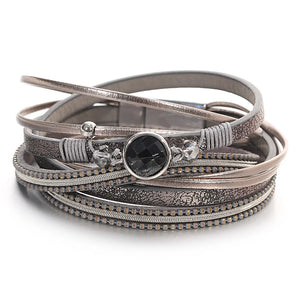 Boho Crystal Bead Leather Bracelet for Women Multilayer Wrap Bracelets