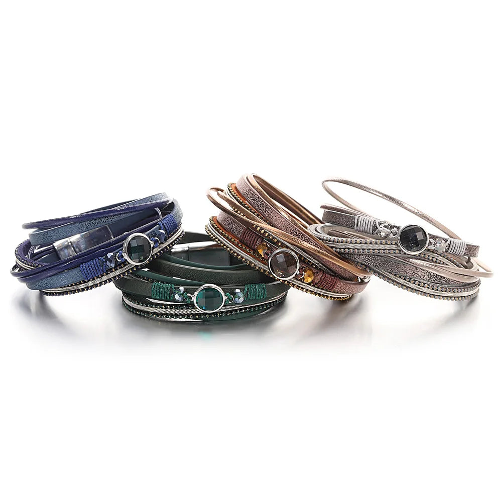 Boho Crystal Bead Leather Bracelet for Women Multilayer Wrap Bracelets