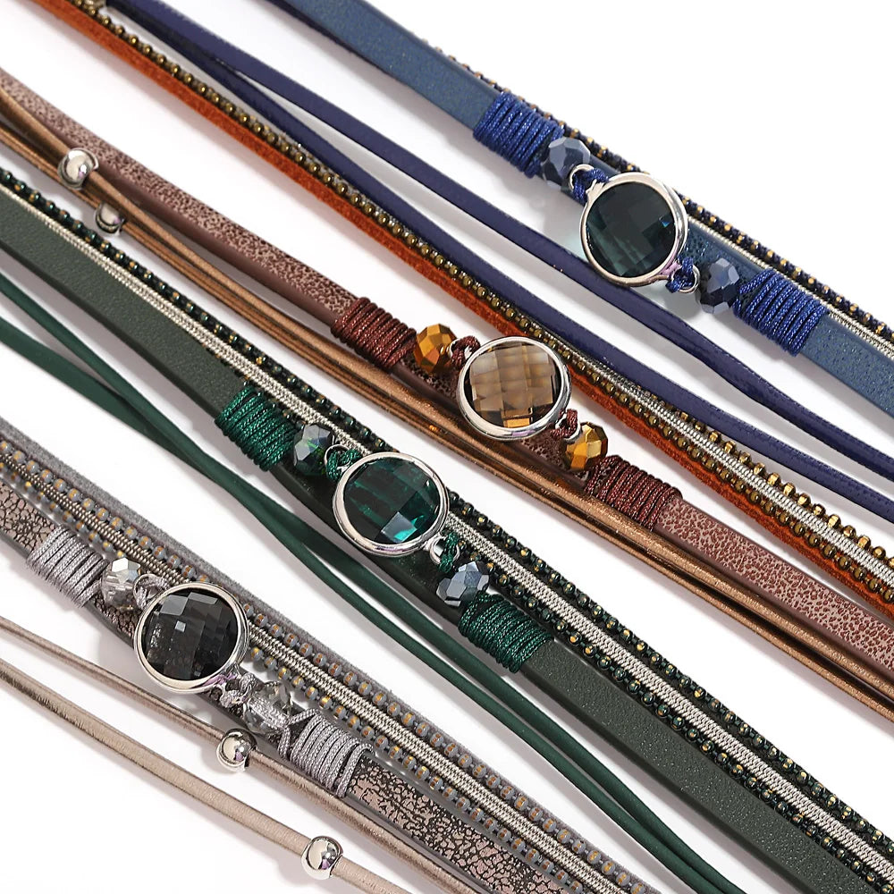 Boho Crystal Bead Leather Bracelet for Women Multilayer Wrap Bracelets