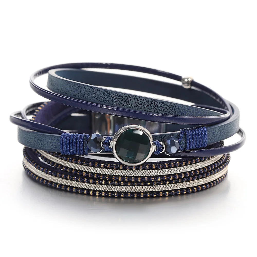 Boho Crystal Bead Leather Bracelet for Women Multilayer Wrap Bracelets