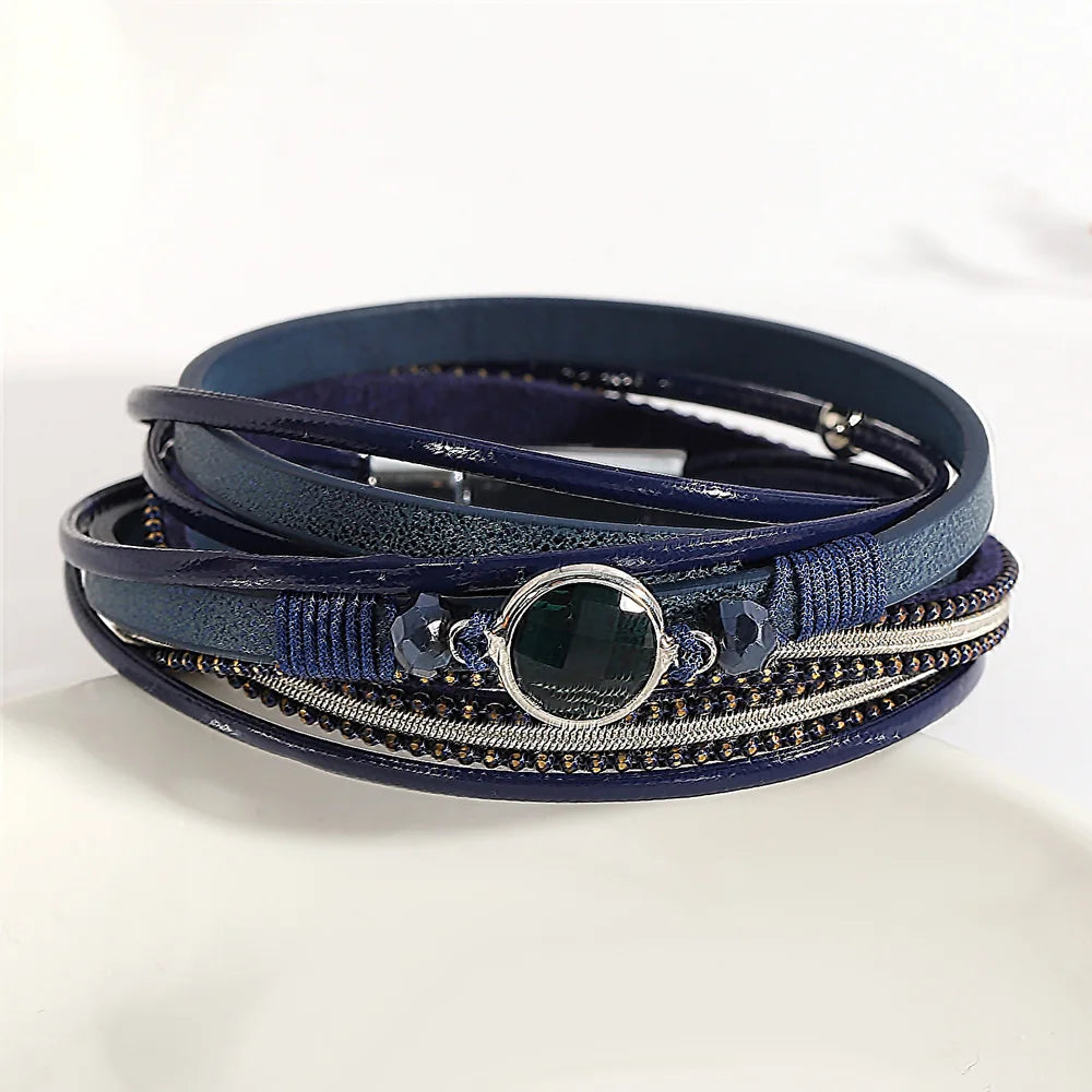 Boho Crystal Bead Leather Bracelet for Women Multilayer Wrap Bracelets