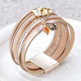 Vintage Ginkgo Leaf Leather Bracelets for Women Tree of Life Pendant Crystal Mul