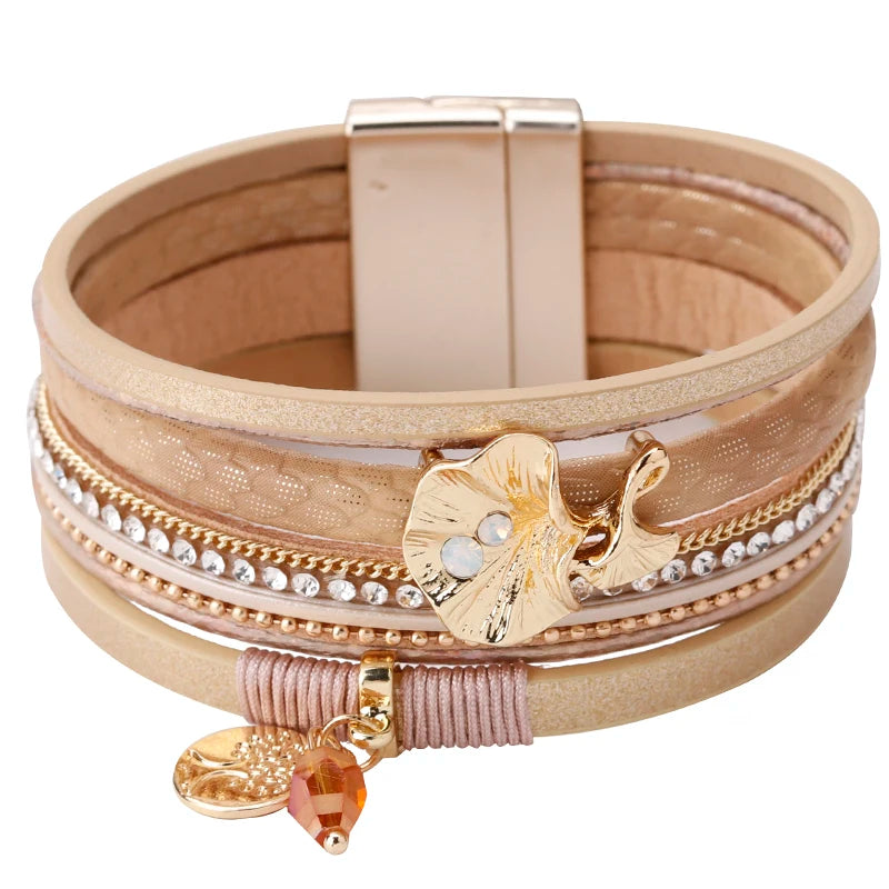 Vintage Ginkgo Leaf Leather Bracelets for Women Tree of Life Pendant Crystal Mul