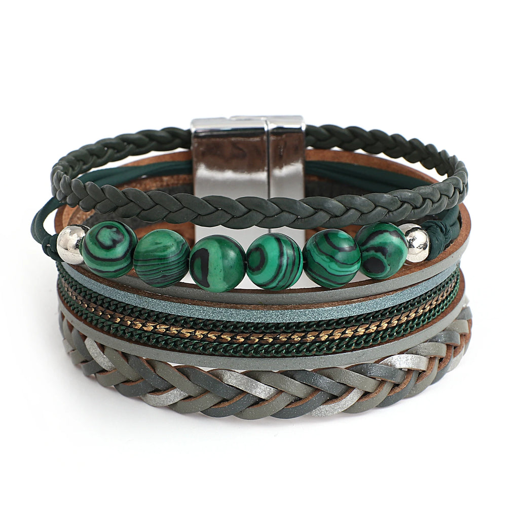 Vintage Leather Bracelets Braid Stone Beaded Bangles Wrap Bracelets