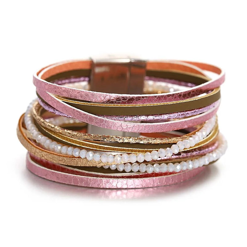 Vintage Multilayer Leather Bracelet Charm Crystal Bead Wrap Bracelets