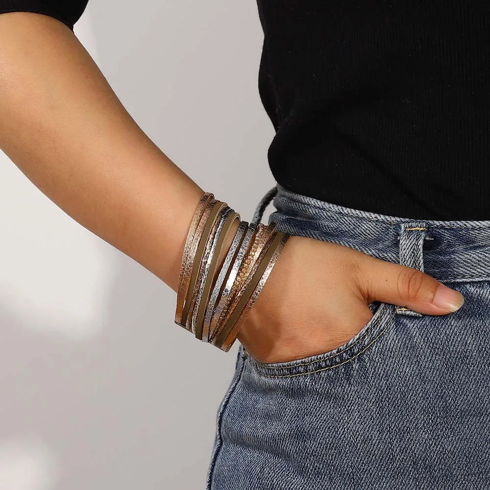 Vintage Multilayer Leather Bracelet Charm Crystal Bead Wrap Bracelets