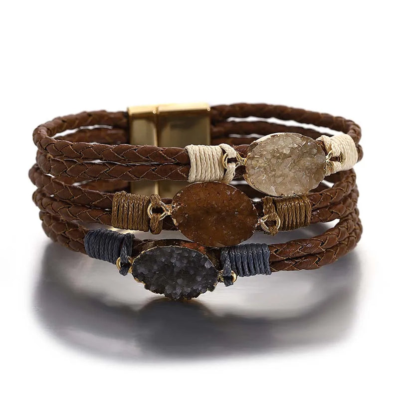 Vintage Natural Stones Leather Bracelet for Women Charm Boho Braided Wrap