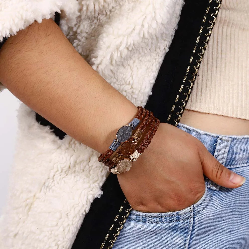 Vintage Natural Stones Leather Bracelet for Women Charm Boho Braided Wrap