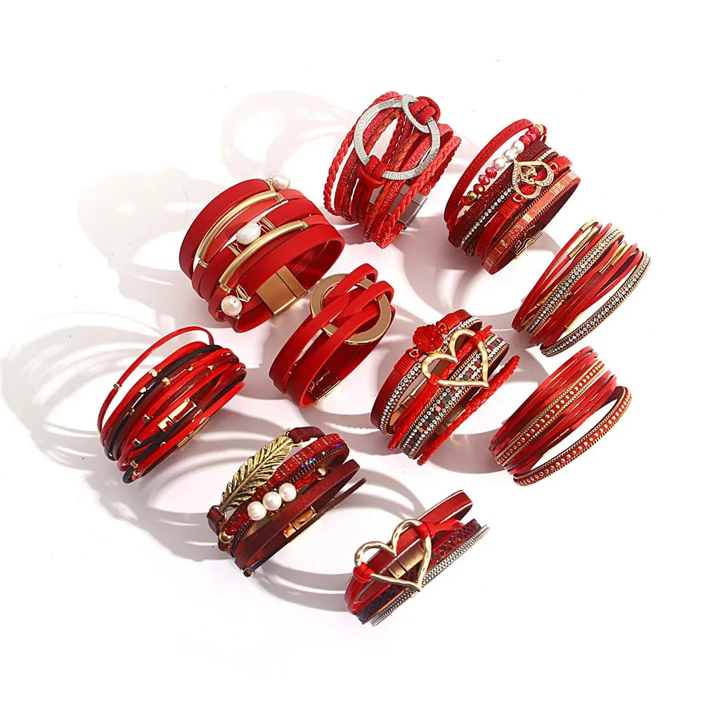 Vintage Red Leather Bracelet Heart Circle Pearl Stone Crystal Wrap