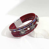 Vintage Red Leather Bracelet Heart Circle Pearl Stone Crystal Wrap