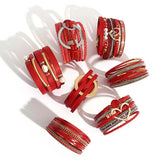 Vintage Red Leather Bracelet Heart Circle Pearl Stone Crystal Wrap