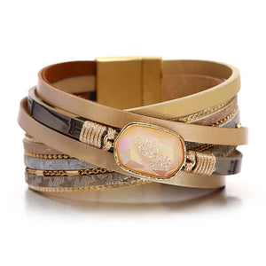 Vintage Resin Stone Star Leather Bracelet Charm Multilayer Cross Wrap Bangle