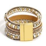 Vintage Two Tone Beaded Leather Bracelet for Women Charm Multilayer