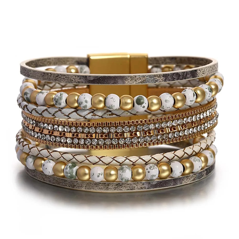 Vintage Two Tone Beaded Leather Bracelet for Women Charm Multilayer