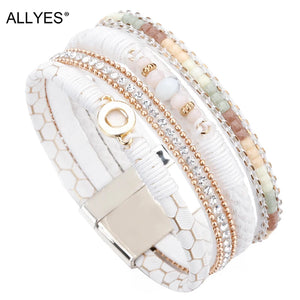 Leather Bracelets for Women Round Metal Charm Rhinestone Wide Bracelet