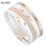 Leather Bracelets for Women Round Metal Charm Rhinestone Wide Bracelet