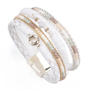 Leather Bracelets for Women Round Metal Charm Rhinestone Wide Bracelet