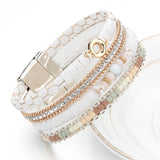 Leather Bracelets for Women Round Metal Charm Rhinestone Wide Bracelet