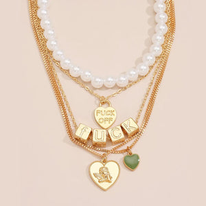 Pearl Fuck off Heart Angel Wing Pendant Necklace