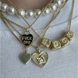 Pearl Fuck off Heart Angel Wing Pendant Necklace