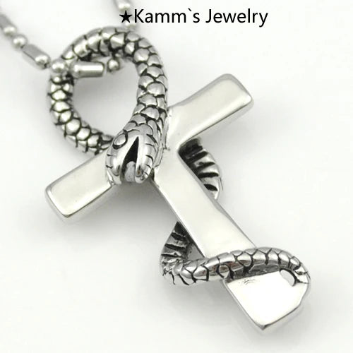 Ankh Cross Snake Stainless Steel Pendant Necklace Men Women
