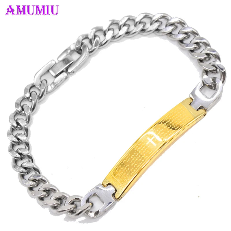 Bible Cross ID Bracelet - Men's Stainless Steel Link B073