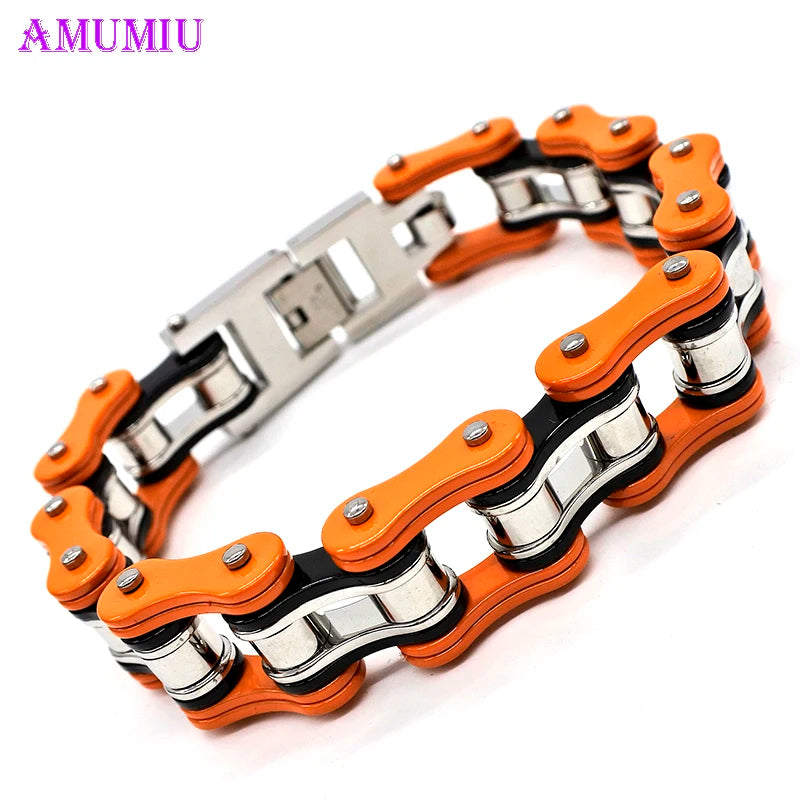 Orange Pink Punk Jewelry Biker Chain Men's Bracelet Titanium Steel