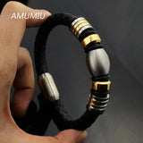 Stainless Steel Magnet Leather Bracelet Rope Men Women KB039
