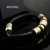 Stainless Steel Magnet Leather Bracelet Rope Men Women KB039