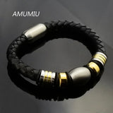 Stainless Steel Magnet Leather Bracelet Rope Men Women KB039